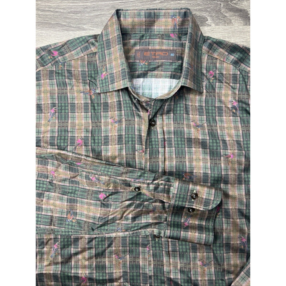 Etro Button Down Shirt Mens 40 M Green Plaid Birds Long Sleeve Collar Recent